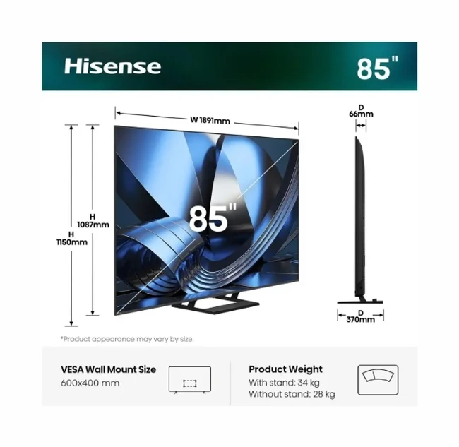 Hisense 85"U7SE, 4K Ultra HD 3840x2160, ULED, FALD, Quantum Dot, 144Hz, IPS, HDR 10+, HLG, Dolby Vision IQ, Dolby Atmos, Smart TV, WiFi 5GHz, WiFi Direct, BT, Anyview Cast,light sensor, 4xHDMI, 2xUSB, LAN, CI+, DVB-T2/C/S2, Black