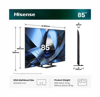 Hisense 85"U7SE, 4K Ultra HD 3840x2160, ULED, FALD, Quantum Dot, 144Hz, IPS, HDR 10+, HLG, Dolby Vision IQ, Dolby Atmos, Smart TV, WiFi 5GHz, WiFi Direct, BT, Anyview Cast,light sensor, 4xHDMI, 2xUSB, LAN, CI+, DVB-T2/C/S2, Black