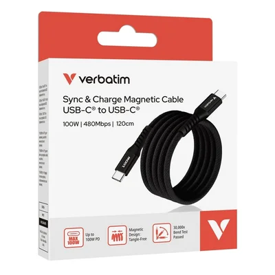 USB-C кабел Verbatim Sync & Charge Magnetic 100W 1.2 м - Черен