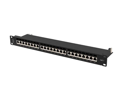 Пач панел Lanberg 24 порта 1U 19" Cat. 7 FTP с кабелен органайзер, екраниран, черен