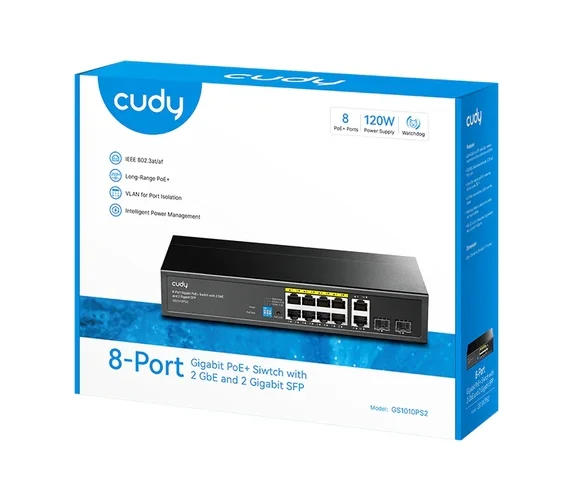 Cudy GS1010PS2 8-Port Gigabit PoE+ Switch with 2 Gigabit Uplink ports and 2 Gigabit SFP slot 120W 8-10/100/1000 BASE-T Gigabit ports, 2-Port 10/100/1000 BASE-T Gigabit Uplink ports, 2-1000 BASE-X SFP Slot, 120W Internal Power Supply