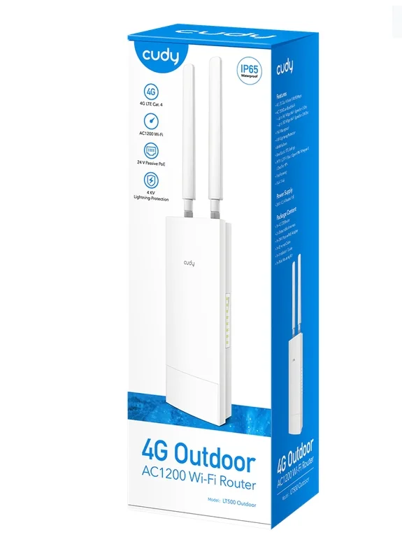 Cudy LT500 Outdoor 4G LTE Cat 4 AC1200 Wi-Fi Router, 300Mbps +  867Mbps Wi-Fi, build-in 4G LTE modem, lightning protection, IP65 Waterproof, 10/100M RJ45