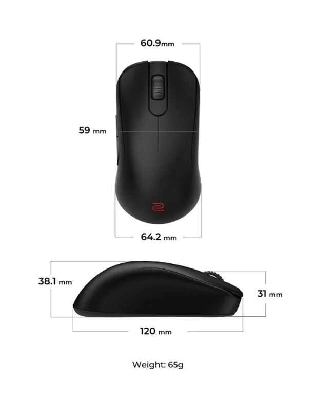 Геймърска мишка BenQ ZOWIE S2-DW 4K Wireless, S размер, 65g, 4000 Hz, 3200 DPI, симетричен дизайн, безжична