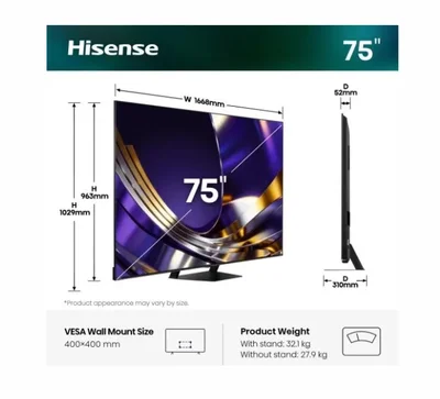 Hisense 75"U7S Pro, 4K Ultra HD 3840x2160, ULED, FALD, Quantum Dot, 165Hz, IPS, HDR 10+, HLG, Dolby Vision IQ, Dolby Atmos, Smart TV, WiFi 5GHz, WiFi Direct, BT, Anyview Cast,light sensor,Solar Powered Remote, 4xHDMI, 2xUSB, LAN, CI+, DVB-T2/C/S2, Black