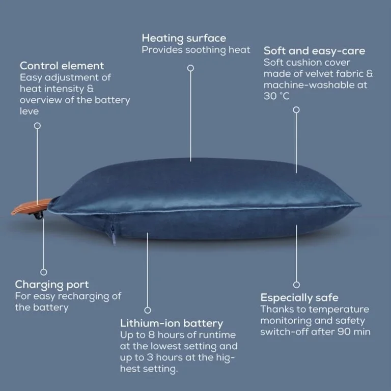 Beurer HK 77 Heaty obsidian-blue; lithium-ion battery; Soft velvet cushion cover machine-washable at 30°C; 3 temperature settings; Fast heating; BSS; 45(L)x45(W) cm