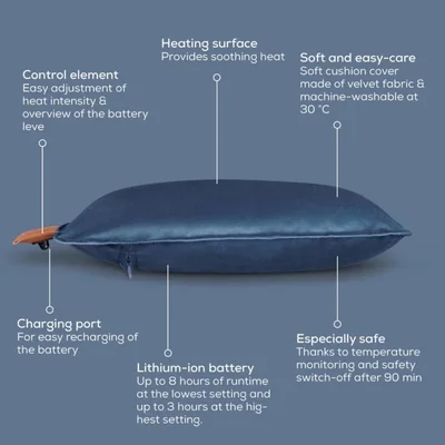 Beurer HK 77 Heaty obsidian-blue; lithium-ion battery; Soft velvet cushion cover machine-washable at 30°C; 3 temperature settings; Fast heating; BSS; 45(L)x45(W) cm