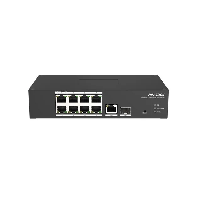 HikVision 10 Port Fast Ethernet Smart Harsh POE Switch, 8x 10/100 Mbps PoE port, 1x Gigabit RJ45 port, 1x Gigabit fiber optical port, Power Budget 110W, Up to 300 m Long Range PoE Transmission, -30 °C to 65 °C wide temperature range