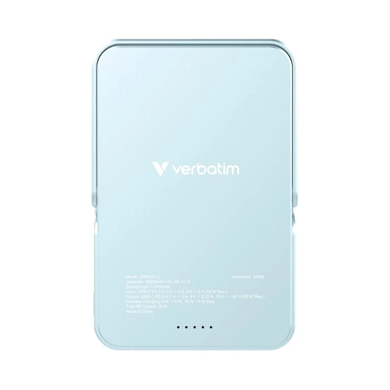 Външна батерия Verbatim Charge 'n' Go със стойка, магнитно безжично зареждане, 10000mAh, синя