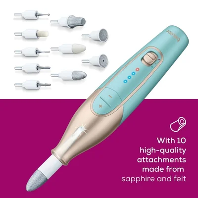Beurer MP 84 Premium Manicure/pedicure set, 10 attachments, 3 speed levels, Ergonomic design and bright LED light, Lithium ion battery, with practical charging and storage case