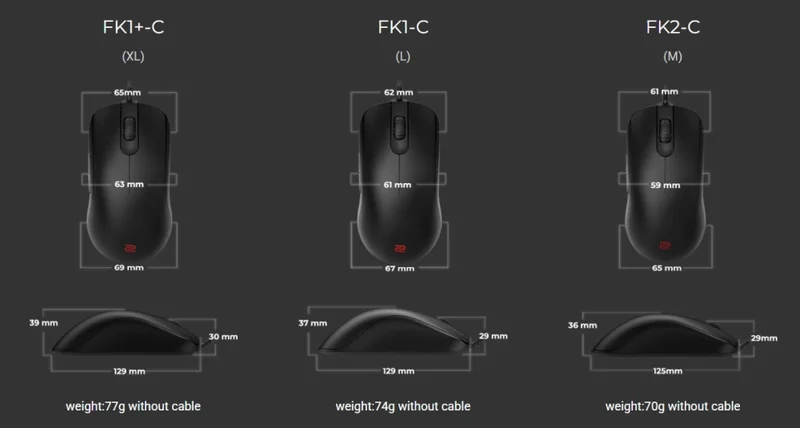BenQ ZOWIE FK1-C Mouse for Esports, Size L, Edition C, 3360 sensor, 74g, DPI 400 / 800 / 1600 / 3200, Symmetrical design, Low profile, Reduced weight, Paracord cable, 24-step scroll wheel, Wired, Driverless, plug and play, inspired by Filip “NEO” Kubksi
