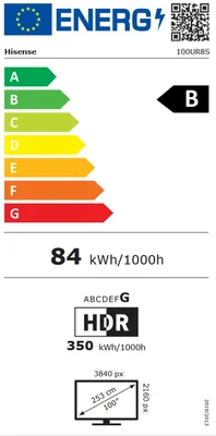 Hisense 100" UR8S, 4K Ultra HD 3840x2160, RGB Mini Led , DLED, Quantum Dot, 180Hz, IPS, HDR 10+, HLG, Dolby Vision IQ, Dolby Atmos, Smart TV,Light Sensor,WiFi 6eGHz, WiFi Direct, BT,2x10 W + 20 W + 2x5 W, Anyview Cast, 4xHDMI, 2xUSB, LAN, CI+, DVB-T2/C/S