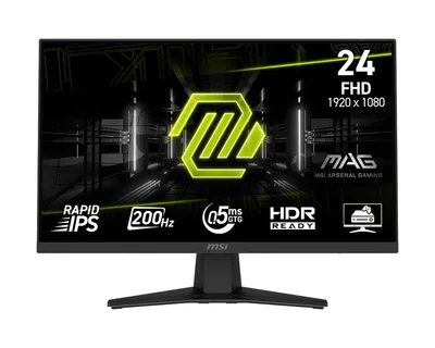 MSI MAG 244F Gaming Monitor, 23.8", 0.5ms, 200Hz Rapid IPS, 1920x1080, AMD FreeSync Premium, AI Vision, Console Mode, HDR Ready, 300nits AG, 1.07B, 1000:1, 100M:1, DP(1.2a), HDMI(2.0b), Headphone out, Tilt, VESA 100, Black, 2.9kg