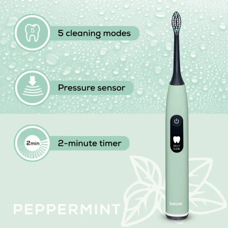 Beurer SC 50 peppermint Electric Sonic Toothbrush, up to 80,000 mov/min, 5 cleaning programs: Clean, Sensitive, Polish, Gum Care, Whiten, Pressure sensor , 2-min. timer, Incl. 2 toothbrush heads and magnetic charging plate, 22 days of battery life