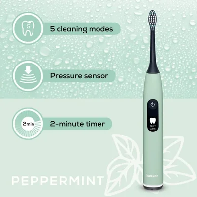 Beurer SC 50 peppermint Electric Sonic Toothbrush, up to 80,000 mov/min, 5 cleaning programs: Clean, Sensitive, Polish, Gum Care, Whiten, Pressure sensor , 2-min. timer, Incl. 2 toothbrush heads and magnetic charging plate, 22 days of battery life