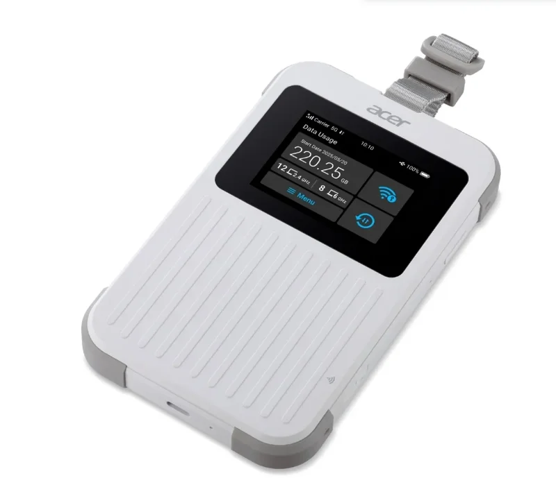 Acer Wi-Fi 5G Mobile Hotspot with Nano SIM (4FF), eSIM with up to 10 profiles, up to 20 connected devices using 6GHz, battery  8000mAh up to 28 hours high definition video streaming, 2.4'' Touchscreen with NFC, IP68 and MIL-STD-810