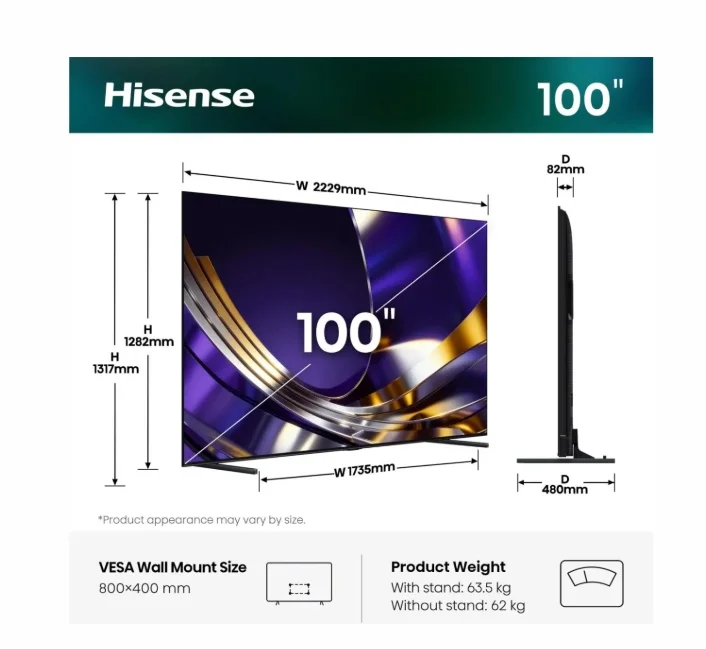 Hisense, 100'' U7S PRO,ULED -PRO Smart, FALD, 165Hz, 5000:1,Quantum Dot Pantone, Dolby vision IQ,Vidaa, ADS,4x HDMI 2.1),2.1.2 60W Devialet, Black