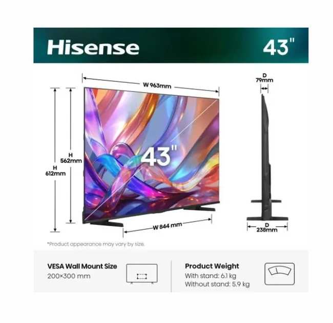 Hisense 43" E7S, 4K Ultra HD 3840x2160, QLED, Quantum Dot, HDR 10+, HLG, Dolby Vision, Light Sensor, Smart TV, WiFi 5GHz, WiFi Direct, BT, Anyview Cast, 3xHDMI, 2xUSB, LAN, CI+, DVB-T2/C/S2, Black