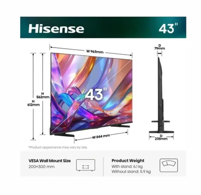 Hisense 43" E7S, 4K Ultra HD 3840x2160, QLED, Quantum Dot, HDR 10+, HLG, Dolby Vision, Light Sensor, Smart TV, WiFi 5GHz, WiFi Direct, BT, Anyview Cast, 3xHDMI, 2xUSB, LAN, CI+, DVB-T2/C/S2, Black