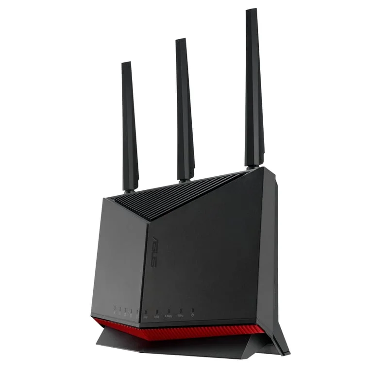 Рутер ASUS RT-BE86U BE6800 Gaming, двубандов, Quad-Core 2.6GHz CPU, 256MB/1GB Flash/RAM, 4K-QAM, MLO, 10G порт, 2.5G четири порта, AiProtection Pro, Adaptive QoS, VPN Fusion, Instant Guard, IPTV, OFDMA, MU-MIMO, UTF-8 SSID, AiMesh, черен