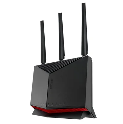 Рутер ASUS RT-BE86U BE6800 Gaming, двубандов, Quad-Core 2.6GHz CPU, 256MB/1GB Flash/RAM, 4K-QAM, MLO, 10G порт, 2.5G четири порта, AiProtection Pro, Adaptive QoS, VPN Fusion, Instant Guard, IPTV, OFDMA, MU-MIMO, UTF-8 SSID, AiMesh, черен
