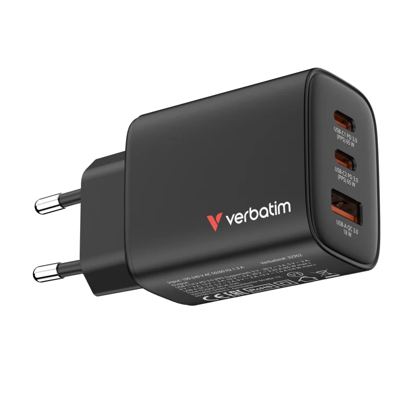 Зарядно устройство Verbatim Essentials GaN 65W, EU, черен
