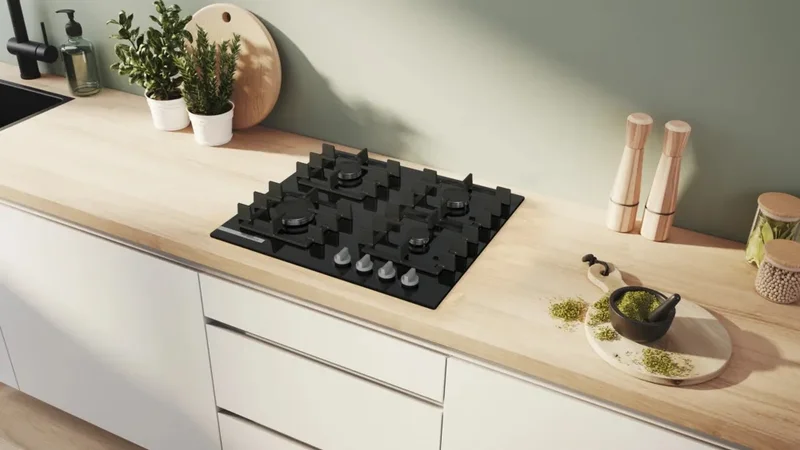 Bosch PNN6B6K40, SER4, Gas hob, 4 zones, 9 power levels, FlameSelect new, Easy cleaning, metal knobs, black, 60cm