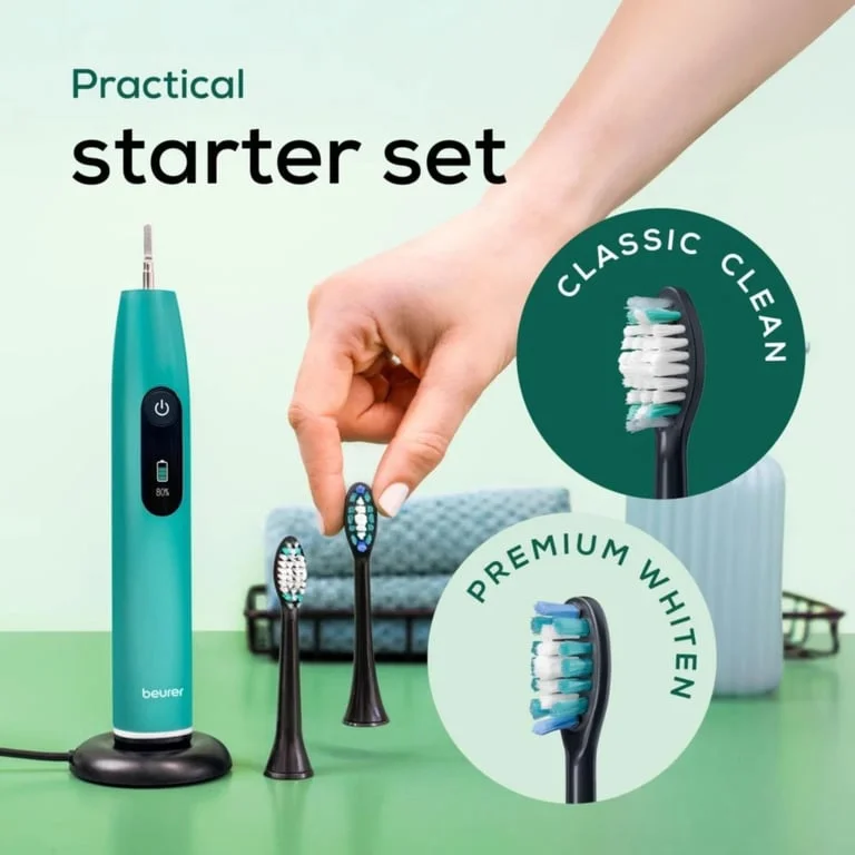 Beurer SC 50 ocean breeze Electric Sonic Toothbrush, up to 80,000 mov/min, 5 cleaning programs: Clean, Sensitive, Polish, Gum Care, Whiten, Pressure sensor , 2-min. timer, Incl. 2 toothbrush heads and magnetic charging plate, 22 days of battery life