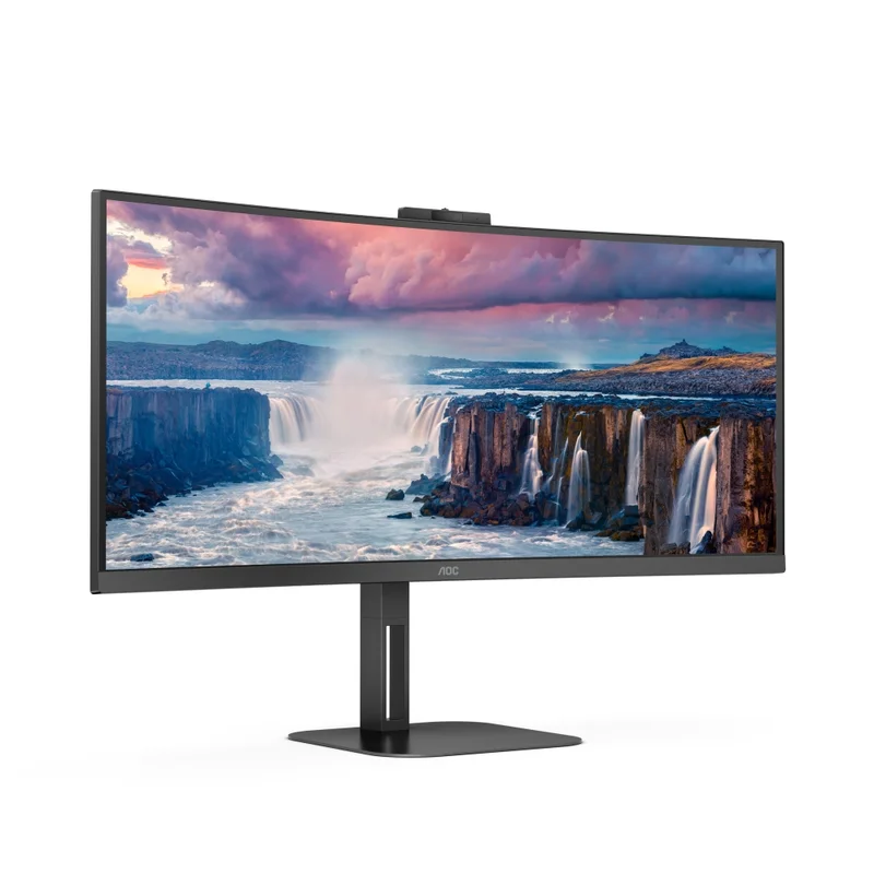 AOC CU34V5CW/BK, 34" Curved 1500R, VA, WLED, 3440x1440@100Hz, 4ms GtG, 1ms MPRT, 300cd m/2, 3000:1, 20M:1 DCR, Adaptive Sync, FreeSync, Low Blue Light, 5Wx2, 2MP Webcam, Tilt, Height Adjust, Swivel, HDMI, DP, USB hub