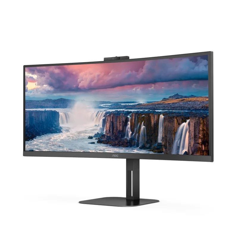 AOC CU34V5CW/BK, 34" Curved 1500R, VA, WLED, 3440x1440@100Hz, 4ms GtG, 1ms MPRT, 300cd m/2, 3000:1, 20M:1 DCR, Adaptive Sync, FreeSync, Low Blue Light, 5Wx2, 2MP Webcam, Tilt, Height Adjust, Swivel, HDMI, DP, USB hub