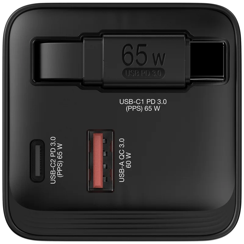 Verbatim Mini GaN Charger 65W 2 Port retractable cable display US plugs with EU and UK adaptors