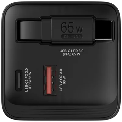 Verbatim Mini GaN Charger 65W 2 Port retractable cable display US plugs with EU and UK adaptors