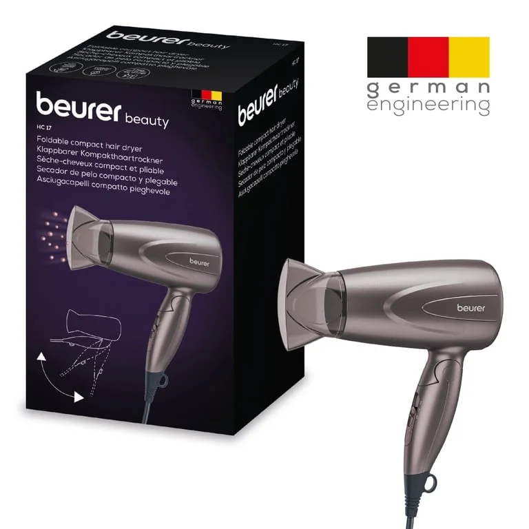 Сешоар Beurer HC 17 1300W, сгъваема дръжка, 2 степени на температура, 2 скорости, професионален накрайник, защита от прегряване, сив