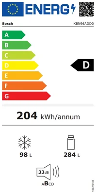 Bosch KBN96ADD0, SER6, BI fridge-freezer XXL, NoFrost freezer, D, 193,5x70,8cm, 382l(284+98), 33dB(B), IC, VitaFresh XXL 0°, EcoAirflow, bottle shelf, Door Open Alarm, fan, HC, soft close flat hinge