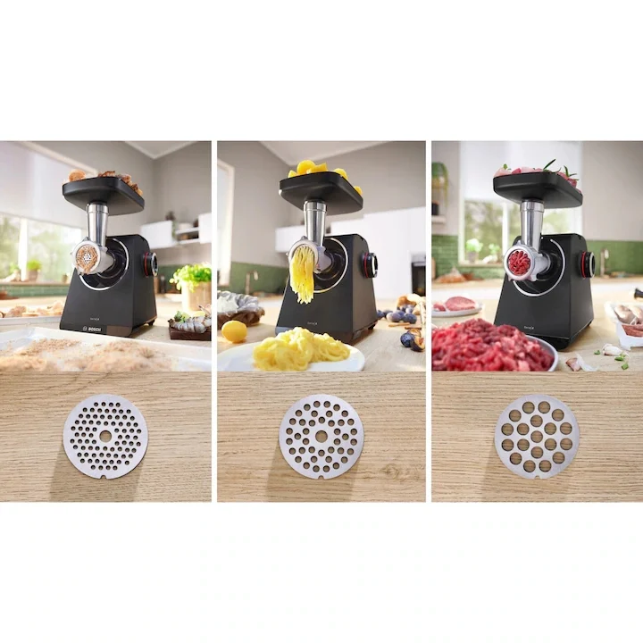 Месомелачка Bosch MFWS440B 1900W, 2.5 kg/min, приставки за наденица и зеленчуци, реверс функция, черен