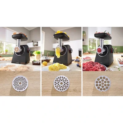 Месомелачка Bosch MFWS440B 1900W, 2.5 kg/min, приставки за наденица и зеленчуци, реверс функция, черен