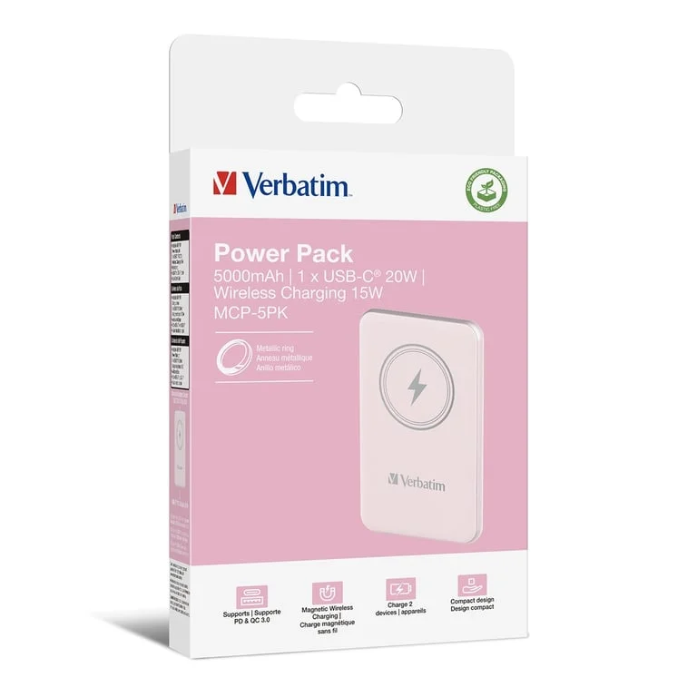 Външна батерия Verbatim MCP-5PK 5000mAh, USB-C PD 20W, магнитно безжично зареждане 15W, Pink