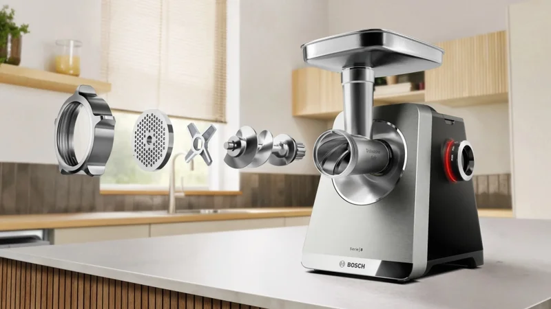 Bosch MFWS835M, SER8, Meat mincer, Blocking power: 2500W, 4,5 kg/min, 10-year motor, dishwasher safe, tomato press, kebbe att., sausage att., silver black