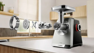 Bosch MFWS835M, SER8, Meat mincer, Blocking power: 2500W, 4,5 kg/min, 10-year motor, dishwasher safe, tomato press, kebbe att., sausage att., silver black