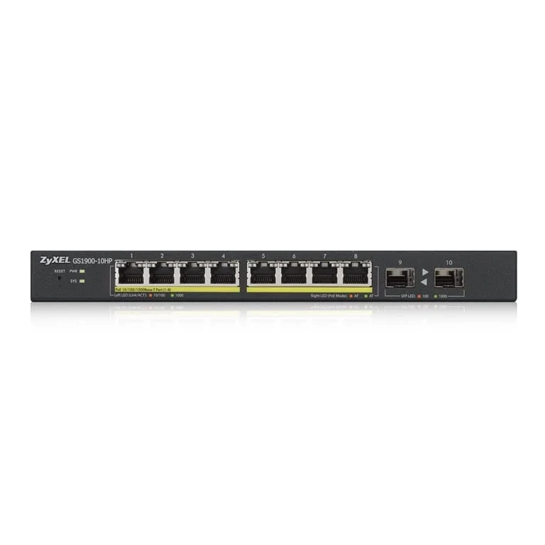 ZyXEL GS1900-10HP v2, 8-port GbE L2 PoE Smart Switch + 2 SFP slots, 802.3at, desktop, fanless, 70 Watt
