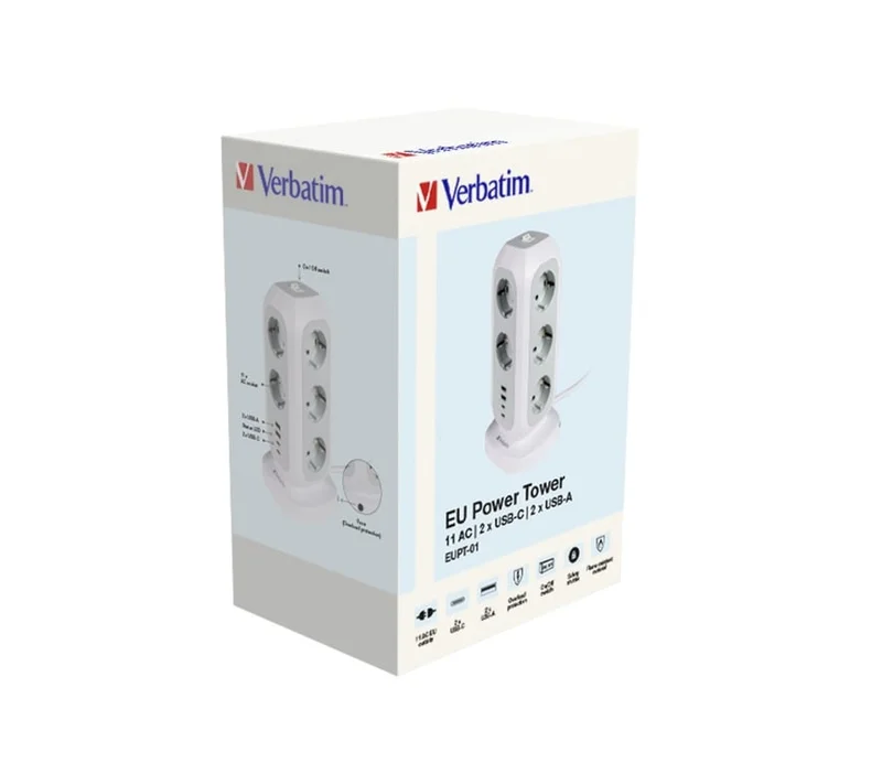 Разклонител Verbatim EUPT-01 Power Tower 11 гнезда, 2x USB-C, 2x USB-A, 3600W, 2m, Бял