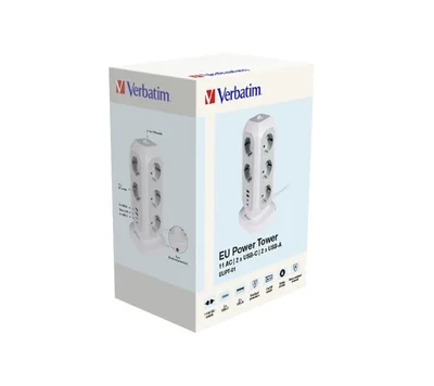 Разклонител Verbatim EUPT-01 Power Tower 11 гнезда, 2x USB-C, 2x USB-A, 3600W, 2m, Бял