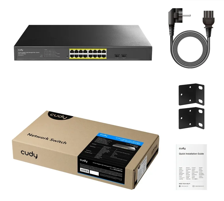 Суич CUDY – GS1016EPS2, 16 порта, PoE+, 2x SFP, 19"