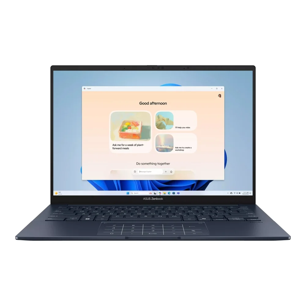 Asus Zenbook UX3405CA-ST1098W,Intel Ultra 7 255H 2.0 GHz (24MB Cache, up to 5.1 GHz, 16 cores, 16 Threads), 14.0 OLED WQXGA+(WQ+) 2880X1800 16:10 Bend+500nits Glare , 120 Hz, LPDDR5X 16GB ( on board ),1TB  SSD G4, Windows 11 , Ponder Blue