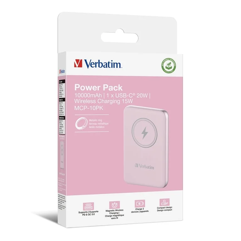 Външна батерия Verbatim MCP-10PK 10000 mAh, USB-C PD 20W, магнитно безжично зареждане 15W, розова