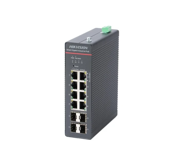 HikVision 8 Port Gigabit Smart Managed Industrial POE Switch, 8 x Gigabit PoE RJ45 ports, 4 x Gigabit SFP fiber optical ports, PoE Power Budget 300 W, Up to 300 m Long-range Transmission, 6 kV Surge Protection, -40 °C to 75 °C wide temperature range