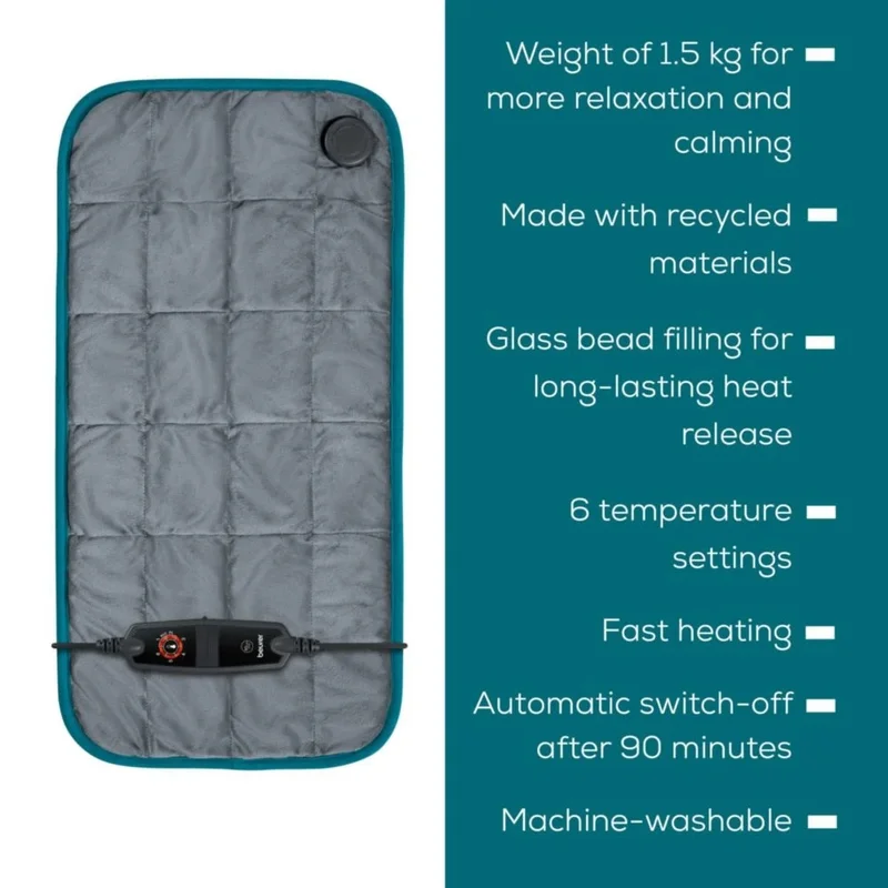 Beurer HK 145 CosyWeight Green Planet XXL, 100% recycled material, Adherent heating pad thanks to glass bead filling,BSS, OEKO-TEX Standard 100, 6 temperature settings, automatic switch off after 90 min; washable on 30°