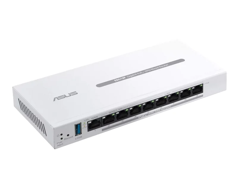 Asus Business Gigabit PoE+ VPN Wired Router, ExpertWiFi EBG19P, 8 PoE+ ports, 123W, 1 gigabit WAN+2 gigabit WAN/LAN, USB 3.2, PoE centralized control, SDN, guest portal, Multi-WAN, Commercial-Grade Network Security & VPN, wall mounting,White