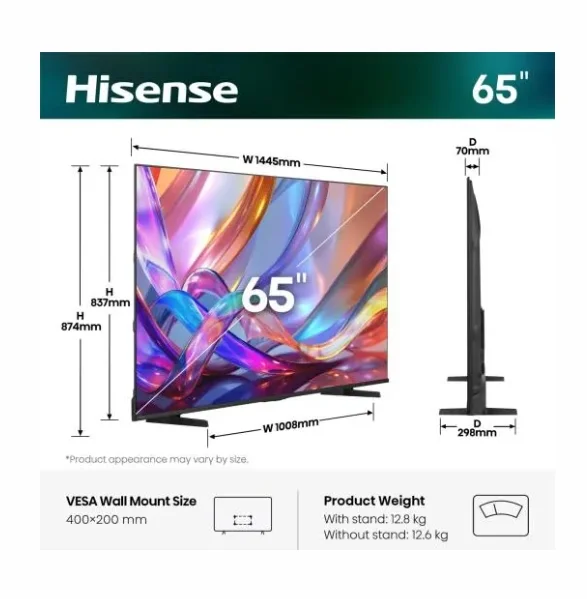 Hisense 65" E7S, 4K Ultra HD 3840x2160, QLED, Quantum Dot, HDR 10+, HLG, Dolby Vision, DTS Virtual X, Smart TV,Light Sensor,WiFi Direct, BT, Anyview Cast, 3xHDMI, 2xUSB, LAN, CI+, DVB-T2/C/S2, Black