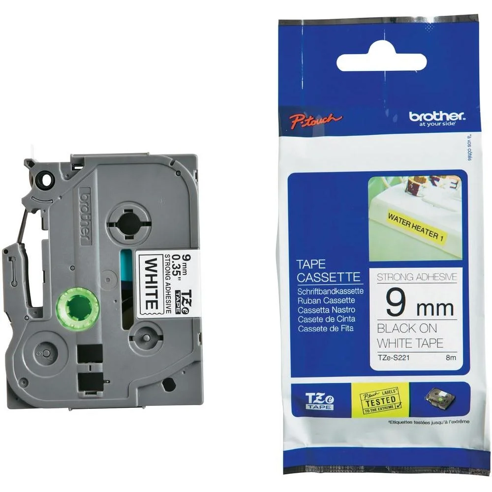 Лента Brother TZe-S221 Black on White, силно лепило, 9mm, 8m