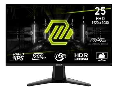 MSI MAG 255F E20, 24.5", 0.5ms, 200Hz, Rapid IPS, 1920x1080 (FHD), 16:9, AMD FreeSync Premium, 79% DCI-P3, AG, HDR Ready, 300 nits, 1000:1, DCR 100M:1, DP(1.2a), 2xHDMI 2.0b, Tilt, VESA, Black, 3.24kg